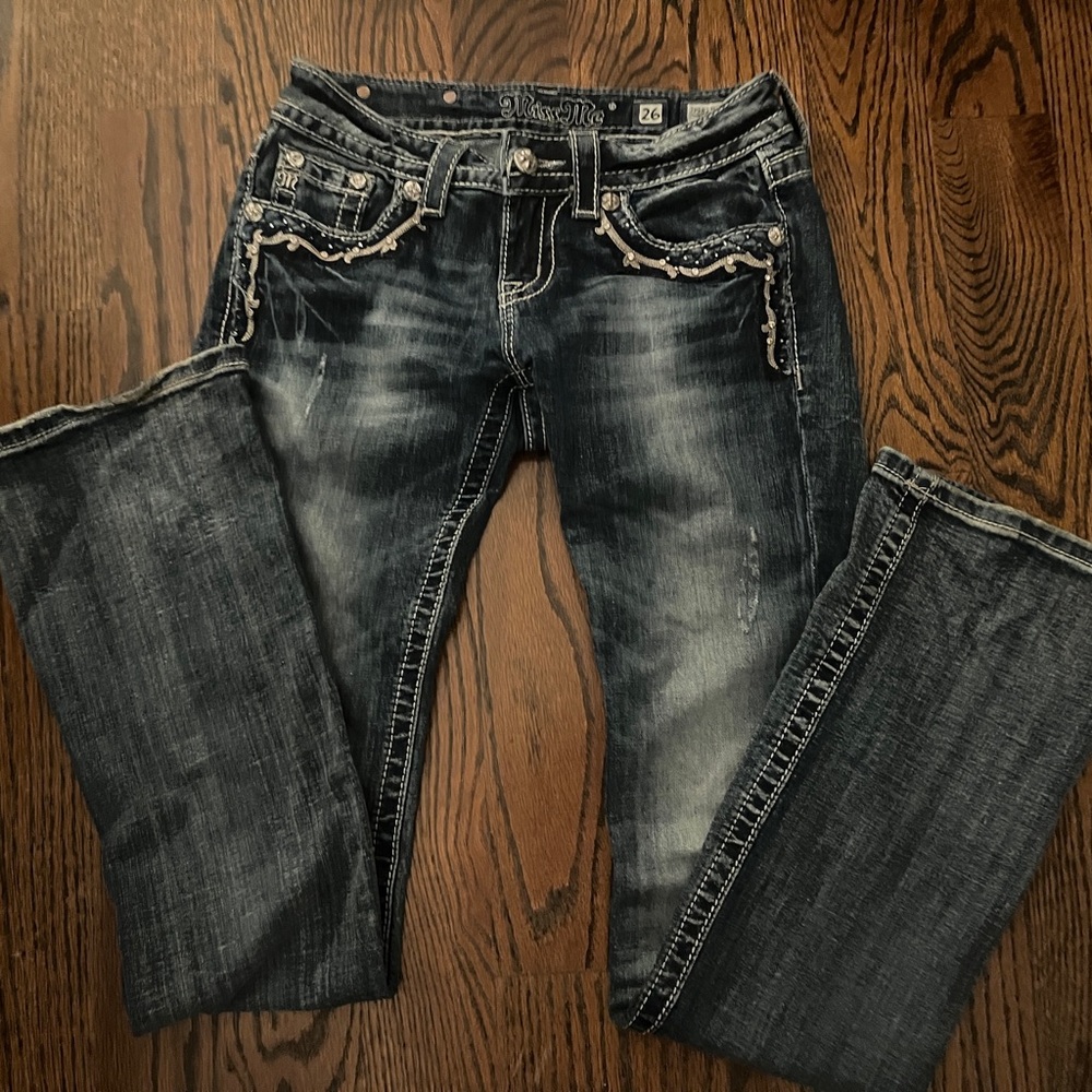 Miss Me Bootcut/Flare Distressed Jeans with Embellished Pockets